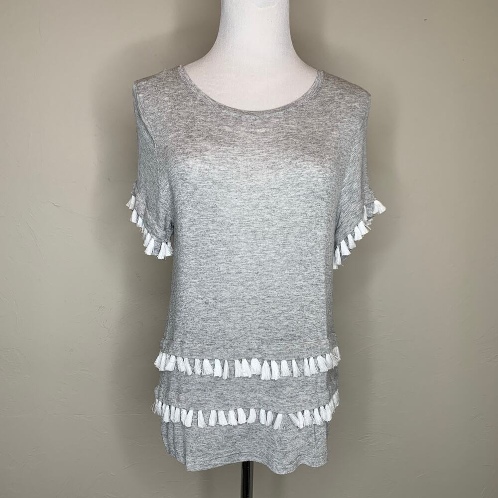 H&M Gray White Tassels T Shirt Sz Small Preppy Boho